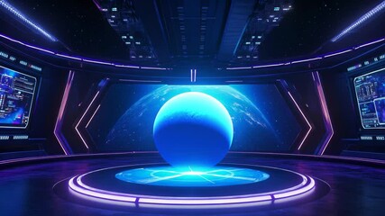 A futuristic spaceship interior showcases a massive glowing orb and an expansive view of a planet - Powered by Adobe