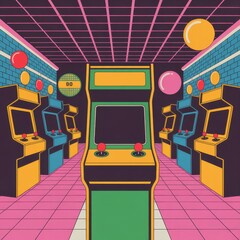 Retro arcade with rows of classic video game cabinets and colorful glowing balloons