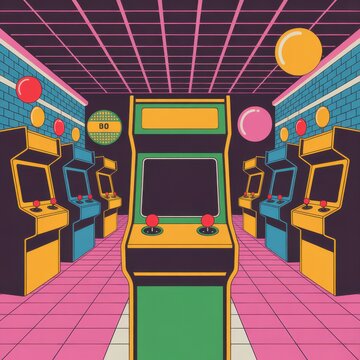 Retro arcade with rows of classic video game cabinets and colorful glowing balloons