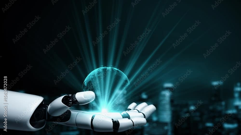 Poster futuristic robot artificial intelligence enlightening ai technology development and machine learning