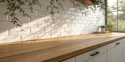 Sunlit Kitchen Countertop White Tile Backsplash and Wood Grain, kitchen design, kitchen renovation
