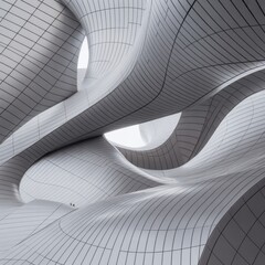Abstract architectural design featuring flowing white curved surfaces with grid lines creating a...