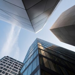 Modern architecture low angle view of glass and metal buildings against a clear blue sky