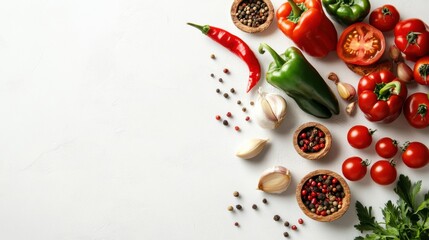 ripe vegetables on a white background pepper, tomato and cucumber