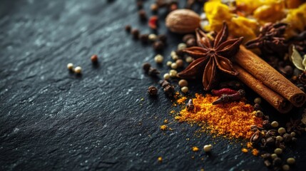 spices turmeric and pepper on black background stone