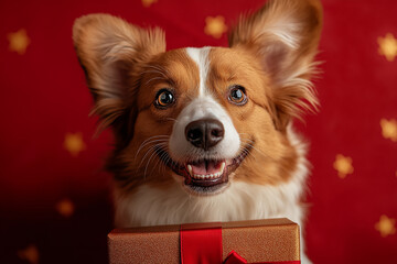 Corgi dog with a gift in festive decor, smiling with red fur and adorable happy eyes
