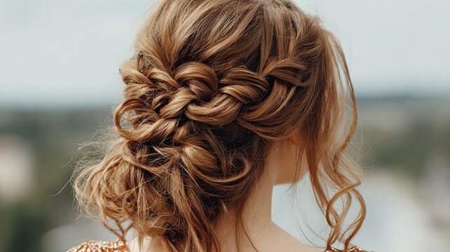 Elegant braided hairstyle with loose curls on a young woman, viewed from behind on a sunny outdoor day