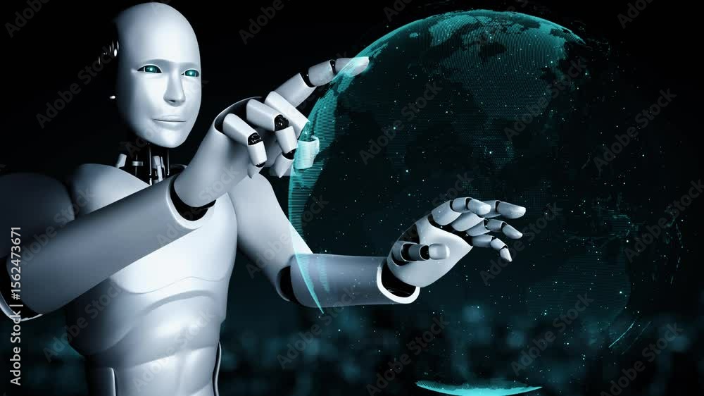 Poster ai robot huminoid uses cloud computing technology to store data on online server . futuristic concep