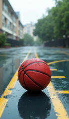 Red Basketball on Wet Urban Court - Streetball Scene