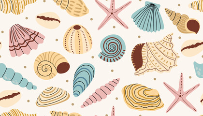Nautical seamless pattern with seashell, starfish and tiny dot in messy order in cartoon flat style on light background.