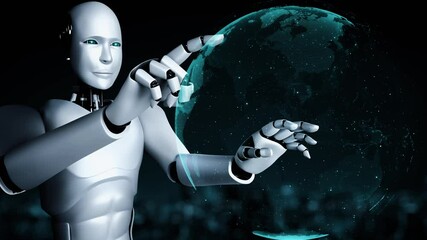 AI robot huminoid uses cloud computing technology to store data on online server . Futuristic concept of cloud information storage analyzed by machine learning process . 3D rendering . - Powered by Adobe