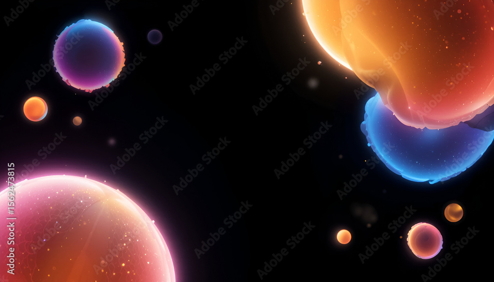 Poster glowing cosmic spheres in an abstract space scene evoke a futuristic science backdrop with colorful 