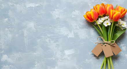 A bouquet of orange and white tulips tied with twine and blank gift tags on a gray textured surface.