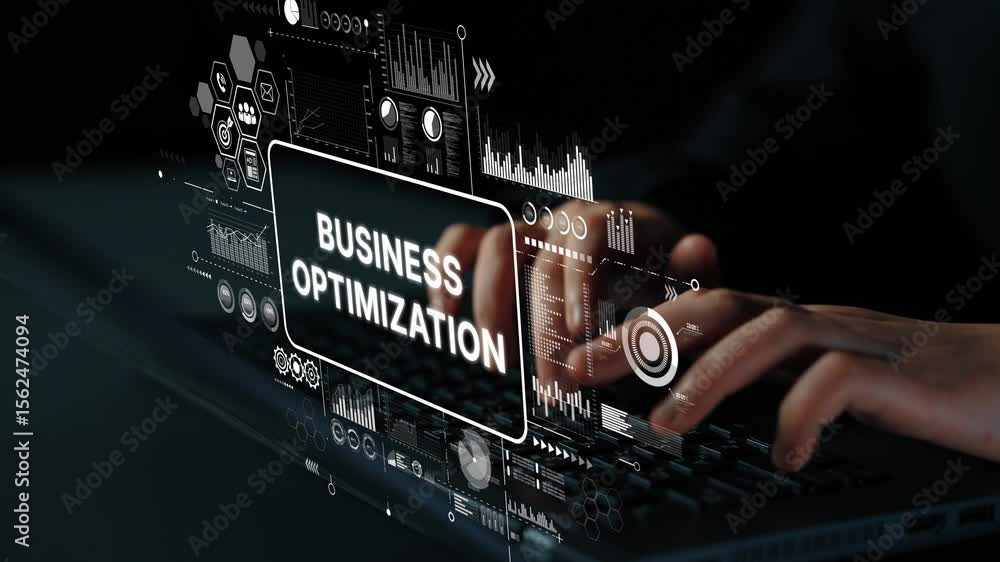Poster hands typing on laptop with business optimization concepts and data analytics visuals in dark enviro