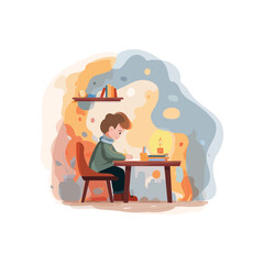 Fototapeta premium Young boy writing by candlelight on winter evening at cozy desk, warm-toned flat vector doodle style illustration for children’s storybooks, education blogs or seasonal learning printables