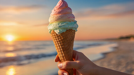 A detailed close-up of a woman’s hand holding a refreshing ice cream cone, with the sunset over the beach creating a warm, summer atmosphere