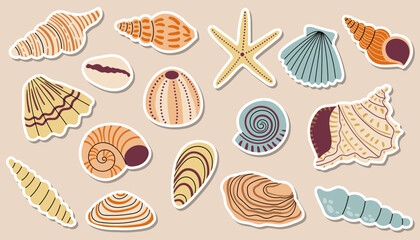 Collection of seashell and starfish stickers in cartoon flat style.