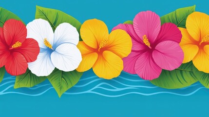 Vibrant hibiscus flowers in red, white, yellow, and pink are beautifully arranged with lush green leaves, set against a turquoise background