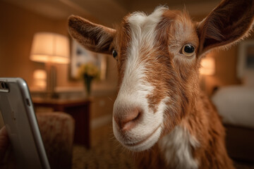 Goat's Modern Interaction: A curious goat gazes at a smartphone held by unseen hand, offering a whimsical glimpse into the intersection of technology and animal curiosity.