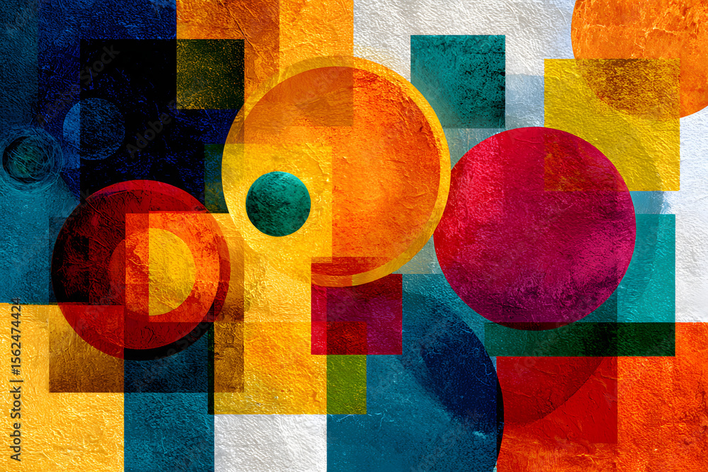 Aufkleber abstract geometric design with vibrant circle and square patterns on textured surface