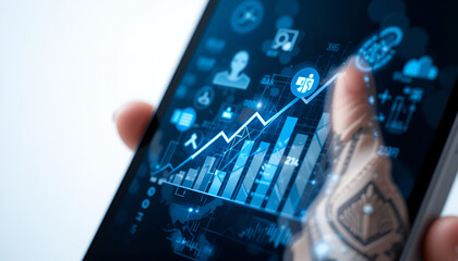 A mobile device displays rising financial chart data with a hand interacting, highlighting growth in business and digital technology trends.