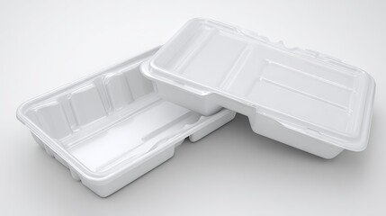 Two white plastic food containers stacked on a clean surface, showcasing their design and functionality for takeout or meal prep, ideal for food packaging solutions