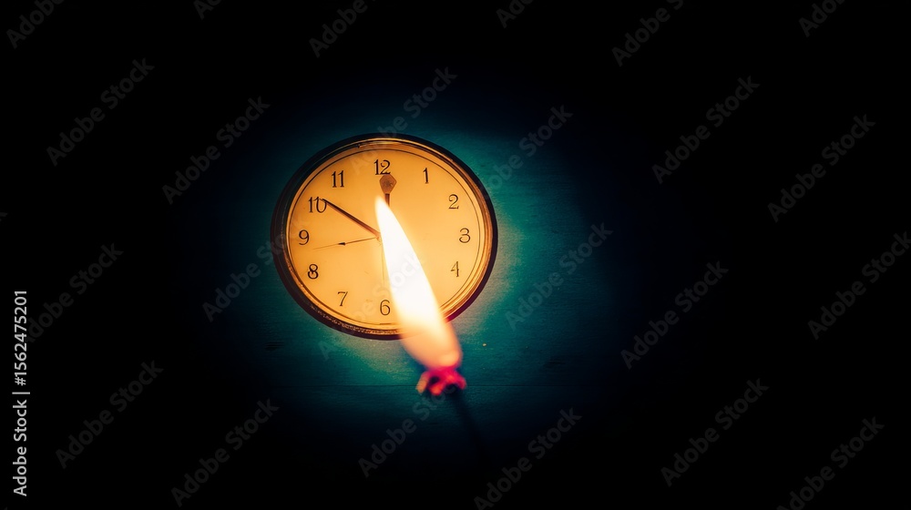 Poster vintage clock with glowing candle flame illuminating the dark background, creating a warm ambiance a