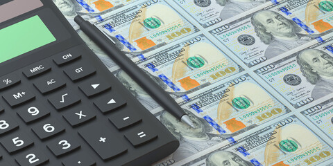Calculator and dollar symbols on financial wallpaper. Investment, saving, tax and opportunity concept background.