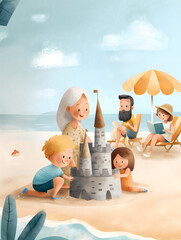 Cute family illustration of kids building a sandcastle on the beach with parents relaxing under an umbrella, perfect for summer or vacation themes.

