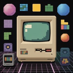 Retro pixel art computer and game pieces arranged in a vibrant digital landscape
