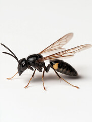 Macro black wasp insect displaying natural wings and sting in closeup danger fly view