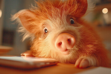 Piglet and Phone: A fluffy, pink piglet looks curiously at a mobile phone, its snout almost touching the screen in this adorable image.
