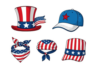 Patriotic hats and bandanas celebrating American Independence Day featuring vibrant red white and