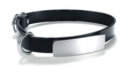 Black leather collar with shiny metal plate and silver ring, showcasing a stylish accessory for pets, emphasizing durability and modern design in pet fashion