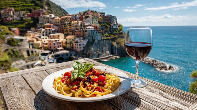 Delicious Italian pasta and red wine on table with ocean view and colorful coastal village in background