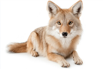 Fototapeta premium Wildlife photo of a coyote resting with alert ears and fur in a natural outdoor setting.