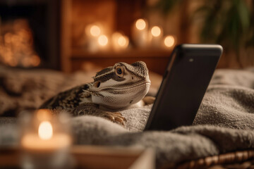Lizard and Smartphone: A curious lizard, possibly a bearded dragon, lounges with a smartphone on a cozy blanket, creating a unique blend of technology and nature.