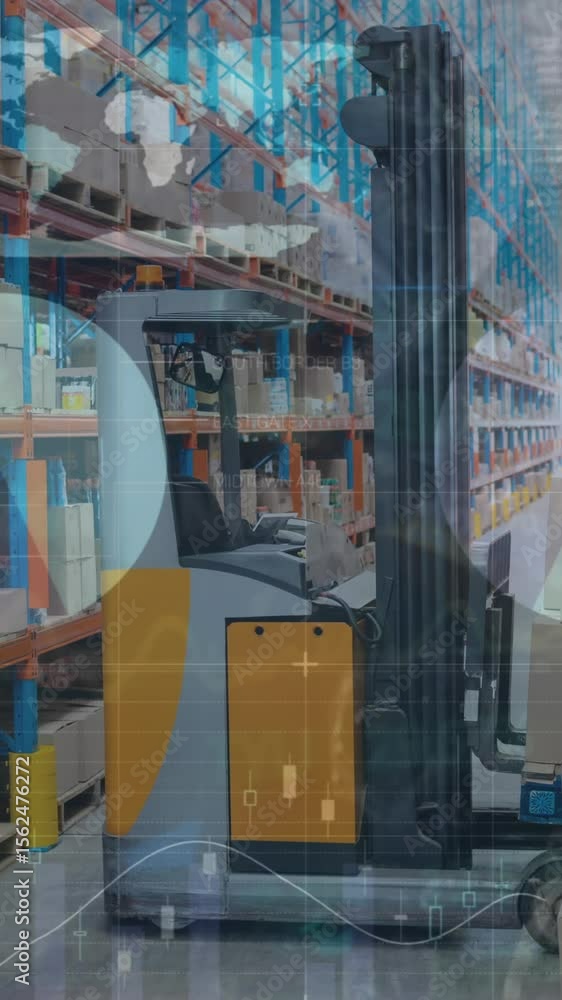Poster animation of graphs and data over warehouse