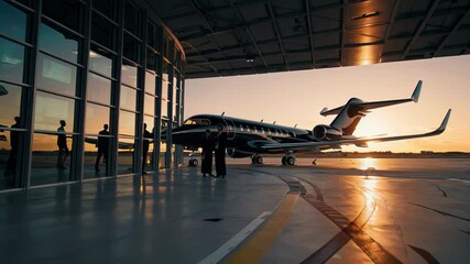 Wealthy executives walking toward sleek private jet on illuminated airport tarmac during golden sunset, preparing for high end international business journey - Powered by Adobe