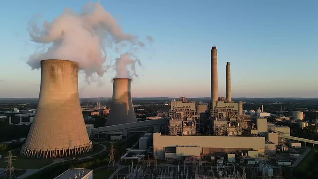 Nuclear Power Plant Aerial: Glowing Hyperboloid Cooling Towers at Golden Hour with Massive Vapor Plumes