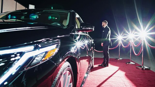 Luxury black automobile parked on crimson carpet, gleaming under spotlight while professional valet standing nearby, preparing to welcome high profile guest with graceful hospitality