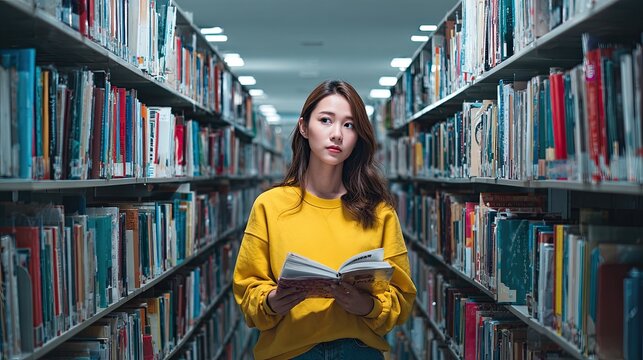 Focused young woman in yellow sweater reading book in library between bookshelves full of study materials