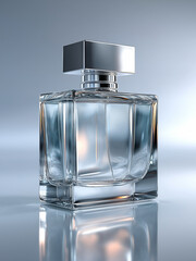 Glass Perfume Bottle with Chrome Lid on White Background / Minimalist Luxury Design / High-Resolution Product Photography for Beauty and Fragrance Branding

