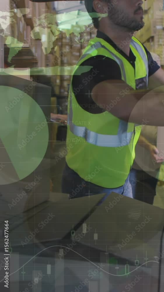 Poster animation of data processing over caucasian delivery man packing boxes