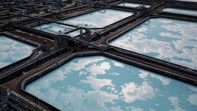 Turquoise cyanide extraction pools reflecting cloudy sky at gold mining facility, revealing industrial chemical process of mineral recovery from metallic resources