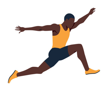 Athlete performing triple jump in a dynamic pose with bold athletic attire