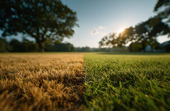 Divided photo of lawn. Half is yellowed dead grass, other half is vibrant green. Concept of growth recovery. Idea for care, maintenance, gardening, comparison before after fertilization.