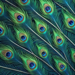 Obraz premium Peacock Feather Close-up Vibrant Green and Blue Hues, Bird, Nature Peacock Feathers, Avian