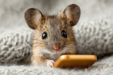 Cute Mouse with Smartphone: An adorable house mouse with big eyes and fluffy ears looks intently at a small gold smartphone, nestled in a cozy knit blanket.