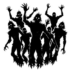Zombie Horde Silhouette: A haunting silhouette of a zombie horde against a stark background, their clawed hands reaching out in a terrifying tableau of the undead.